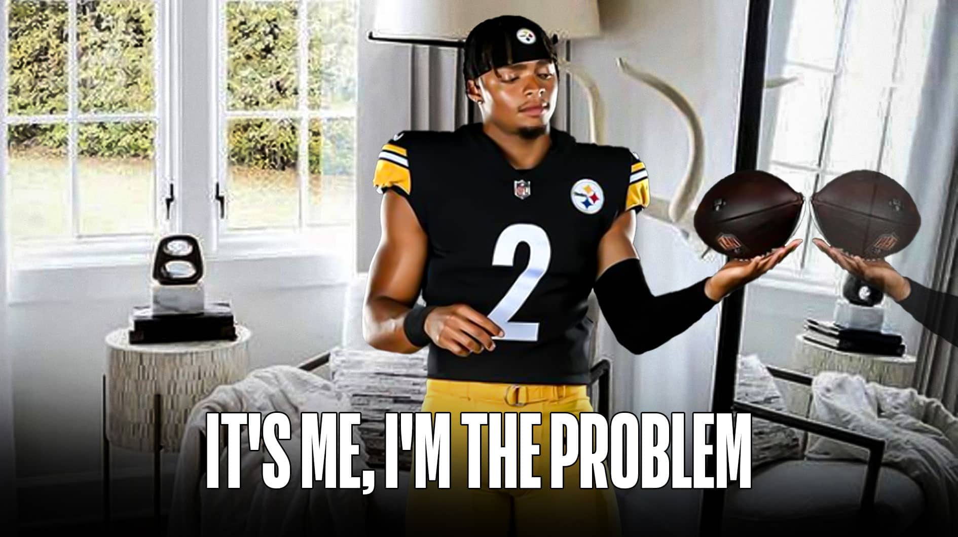 Steelers' Justin Fields looking at himself in the mirror, with caption below: IT'S ME, I'M THE PROBLEM