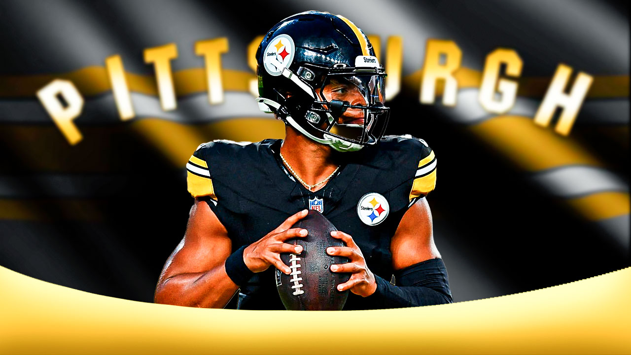 Pittsburgh Steelers star Justin Fields in front of a flag.