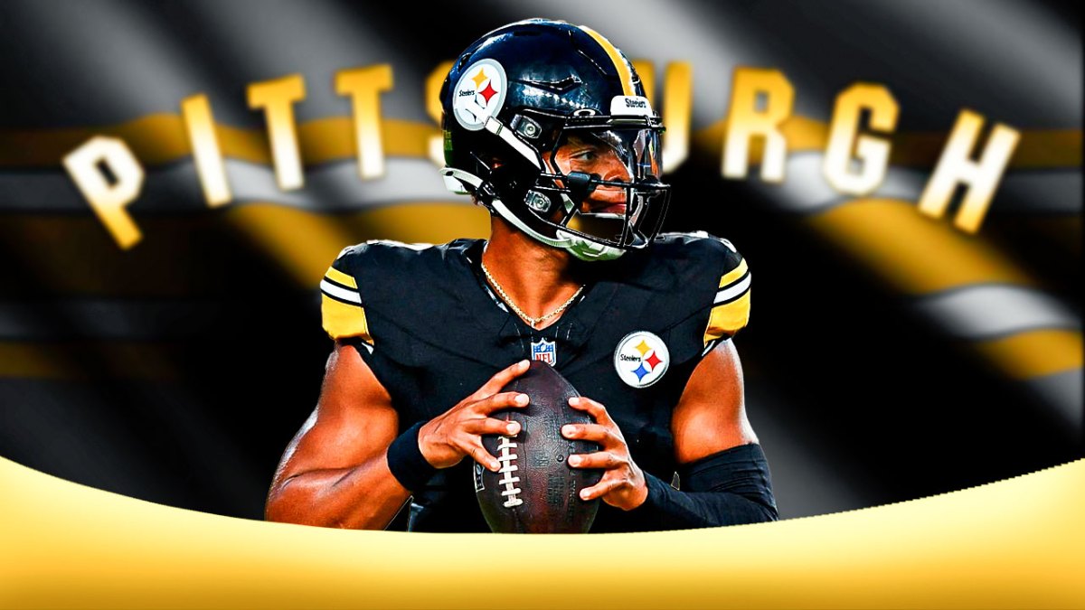 Pittsburgh Steelers star Justin Fields in front of a flag.