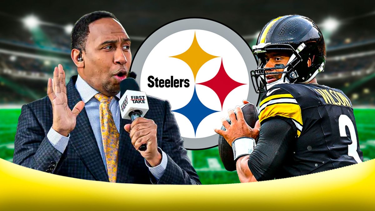 ESPN announcer Stephen A Smith (in 2023 or 2024) with an angry face next to Pittsburgh Steelers quarterback Russell Wilson and the Steelers' logo