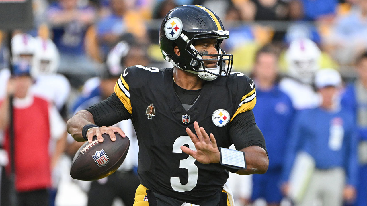 Pittsburgh Steelers quarterback Russell Wilson (3) looks to pass against the Buffalo Bills during the first quarter at Acrisure Stadium.