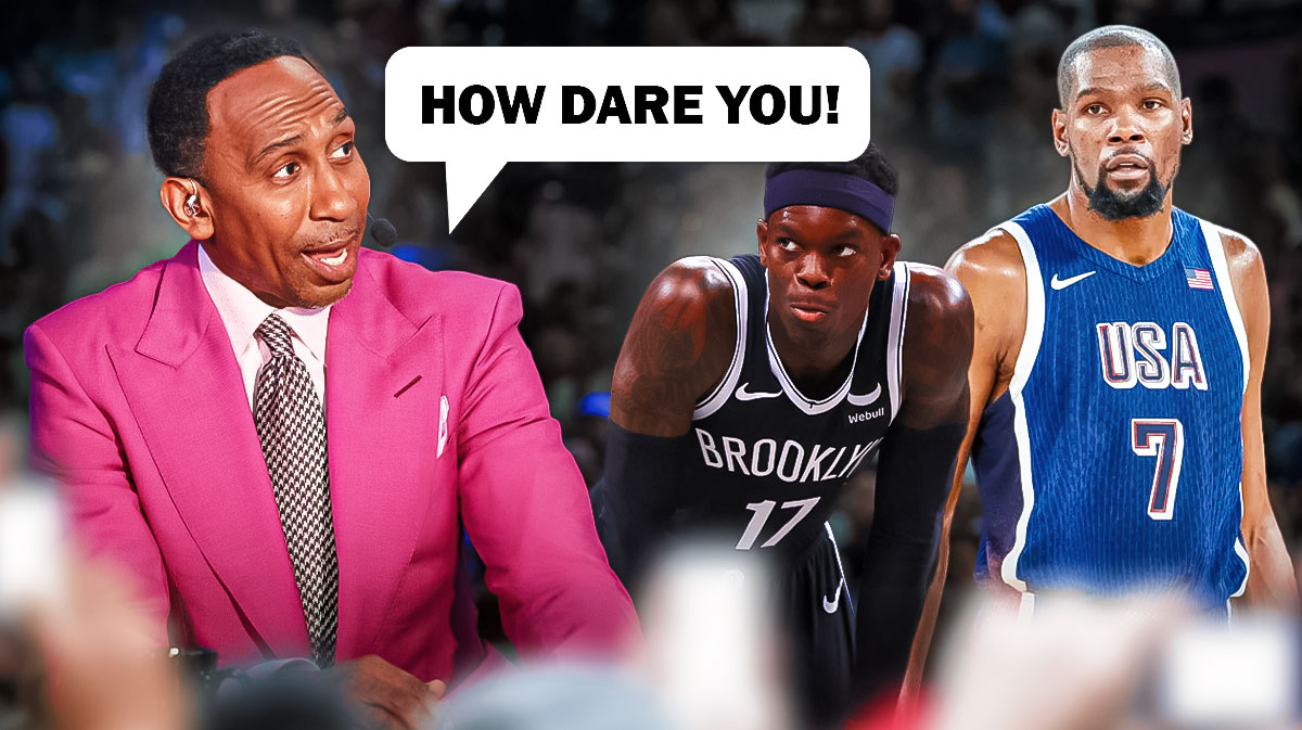 Photo: Stephen A. Smith saying "How dare you!" to Dennis Schroder in Nets jersey, Kevin Durant in Team USA jersey