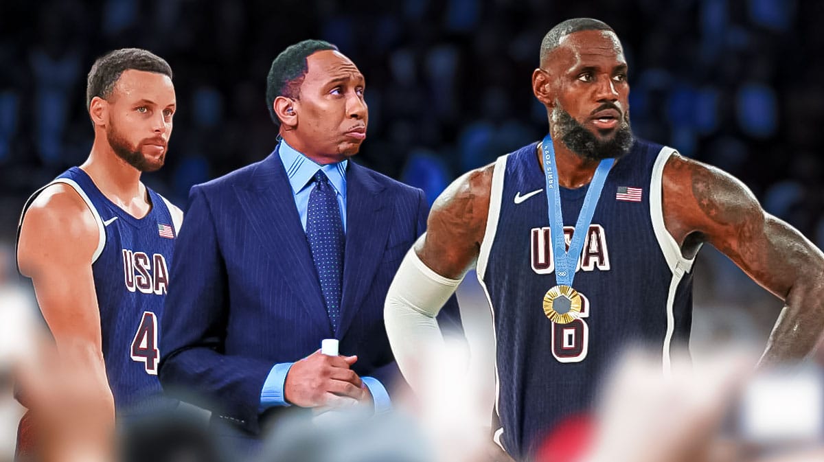 ESPN's Stephen A Smith standing next to Steph Curry in a Team USA uniform, looking at LeBron James in a Team USA uniform with a gold medal around his neck