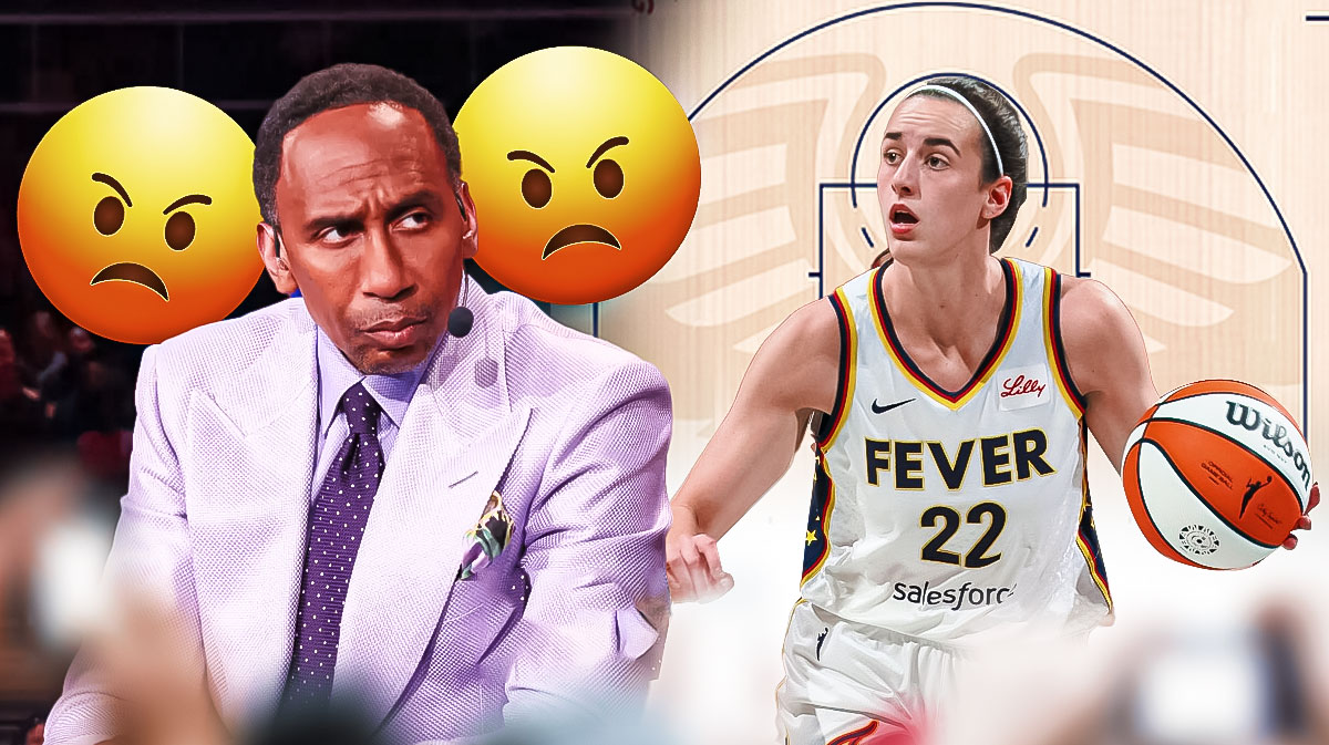 ESPN's Stephen A Smith with angry eyes next to Fever's Caitlin Clark with a basketball's 3-point arc/court in the background