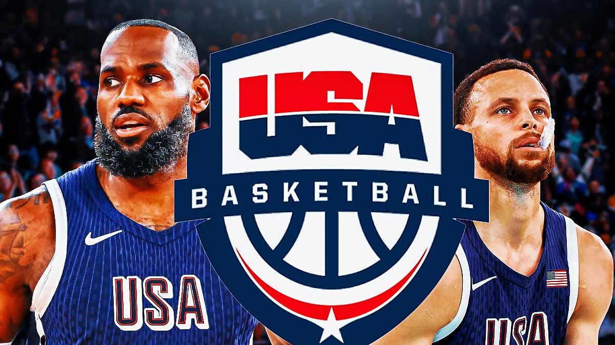 Team USA basketball logo in center, Team USA forward LeBron James on left side, Team USA guard Stephen Curry on right side, Accor Arena (home of the men's basketball gold medal Olympics game) in background