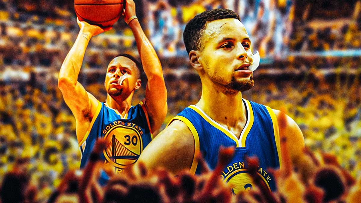 Stephen Curry graphic Warriors fans in background