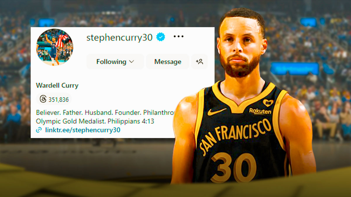 Stephen Curry in Warriors gear with the screenshot of his instagram bio.