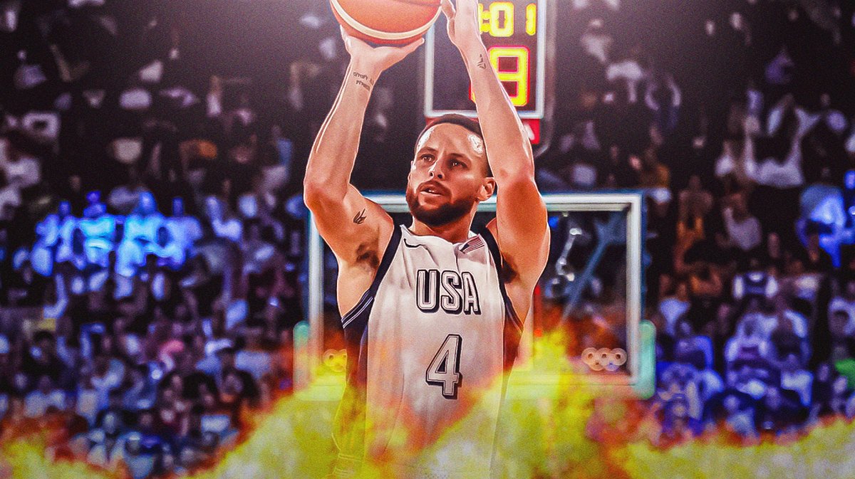 Steph Curry wearing Team USA uniform, shooting while on fire