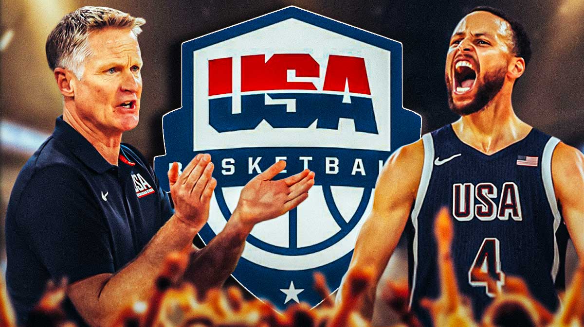 Team USA Basketball logo in middle, Team USA men's basketball head coach Steve Kerr on left side, Team USA guard Stephen Curry on right side, Accor Arena (home of the 2024 Olympics men's basketball gold medal game) in background