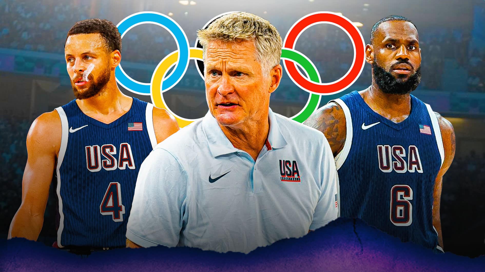 Thumb: Steve Kerr alongside LeBron James and Steph Curry in their Team USA basketball jerseys with the Olympics logo in the background