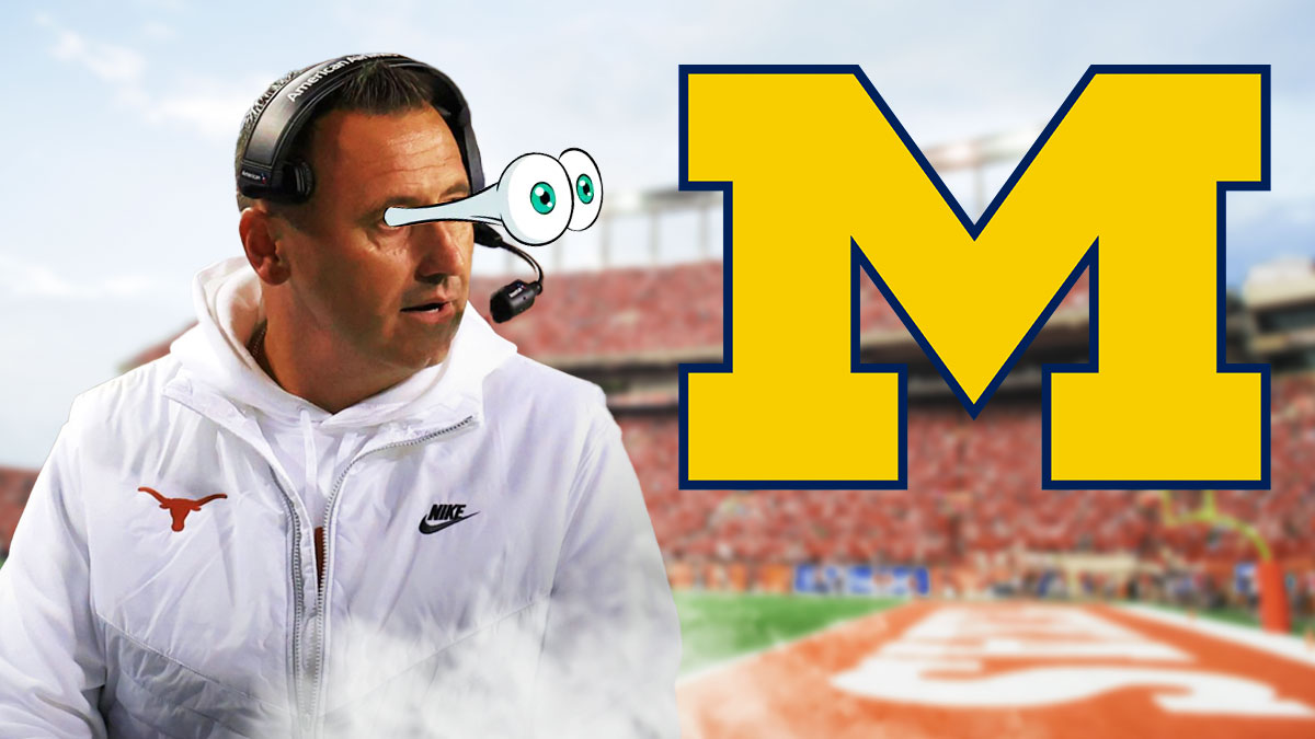 Texas football Steve Sarkisian with eyes popping out looking at the Michigan football 2024 logo.