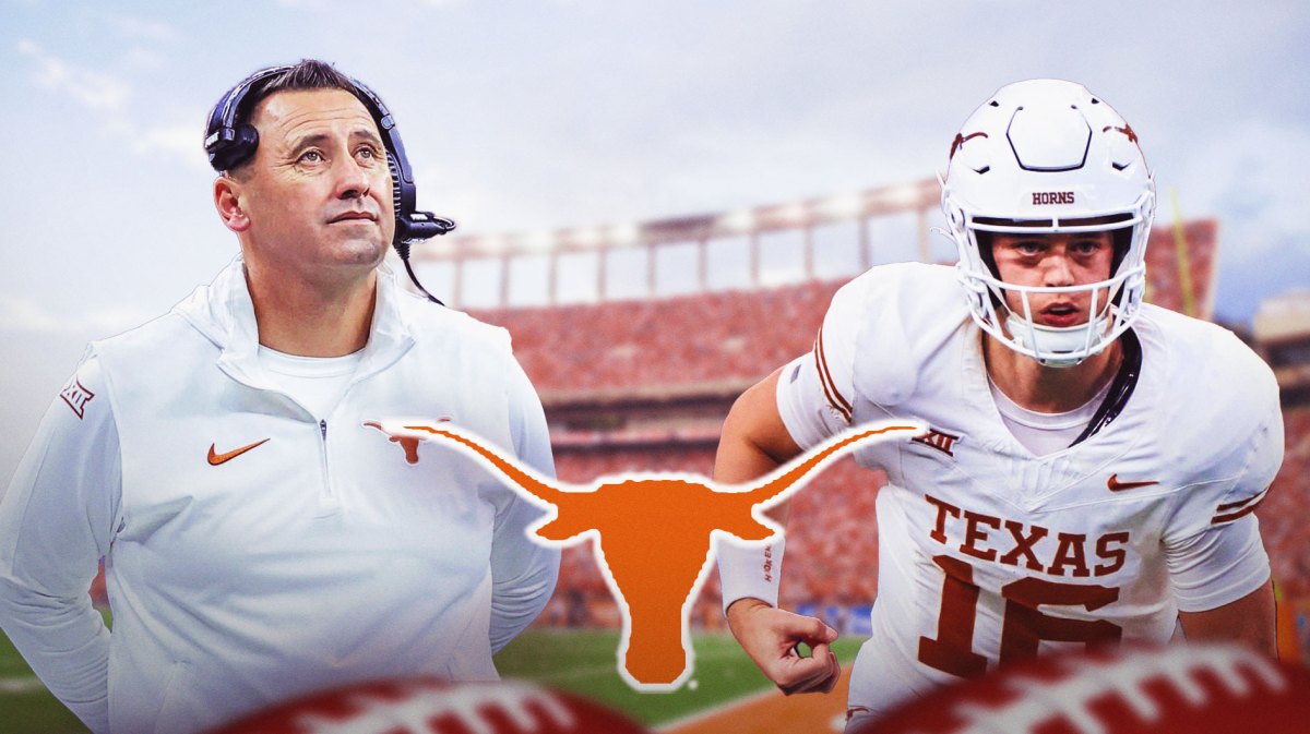 Texas Longhorns logo in center, Texas Longhorns football coach Steve Sarkisian on left side, Texas Longhorns quarterback Arch Manning on right side, Darrell K Royal- Texas Memorial Stadium (home stadium of the Texas Longhorns football team) in background
