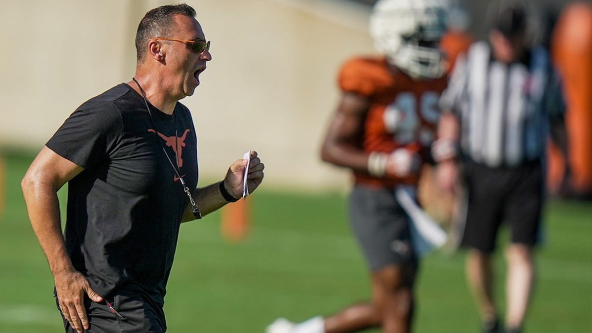 Texas Longhorns hey football coach, Steve Sarkisian during the first day with pads in fall football camp practice for the Texas Longhorns