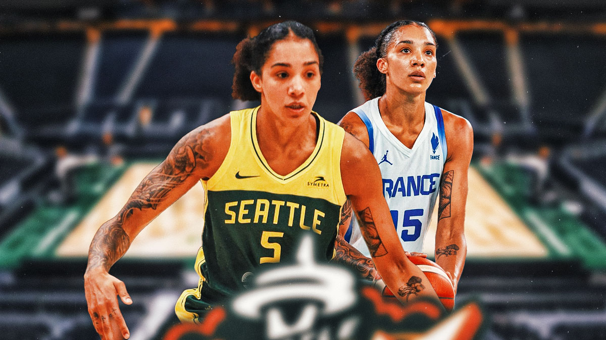 Gabby Williams in background shooting a basketball in a France Olympics 2024 jersey. In front, Gabby Williams in a Seattle Storm jersey.