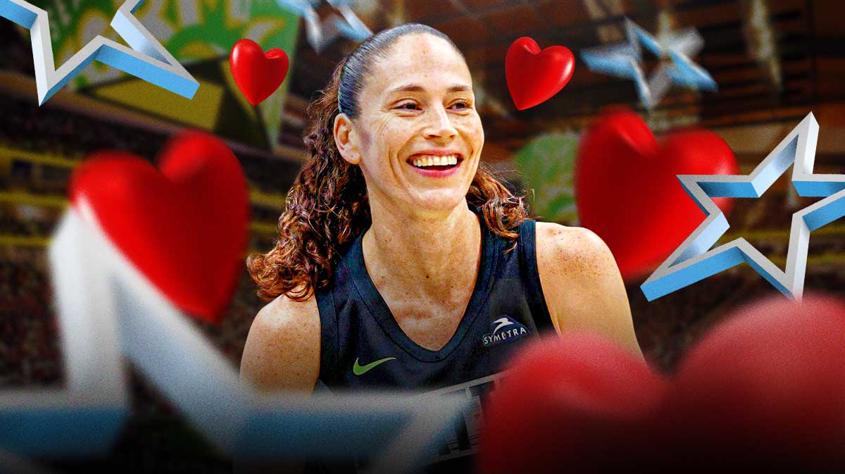 Former WNBA Seattle Storm player Sue Bird, in a Seattle Storm jersey, with Climate Pledge Arena in Seattle, Washington, behind her, with hearts and stars