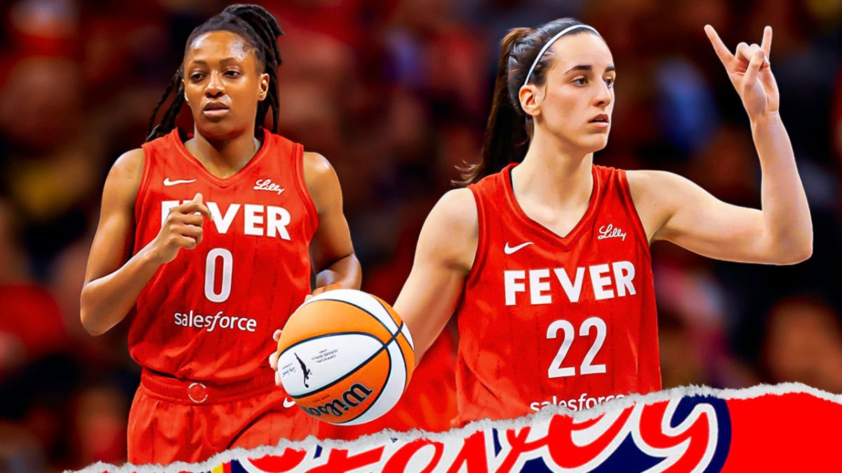 Indiana Fever players Caitlin Clark and Kelsey Mitchell with the Indiana Fever arena in the background, Sue Bird