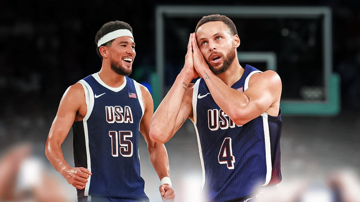 Devin Booker looking amazed at Steph Curry doing the "night night" celebration