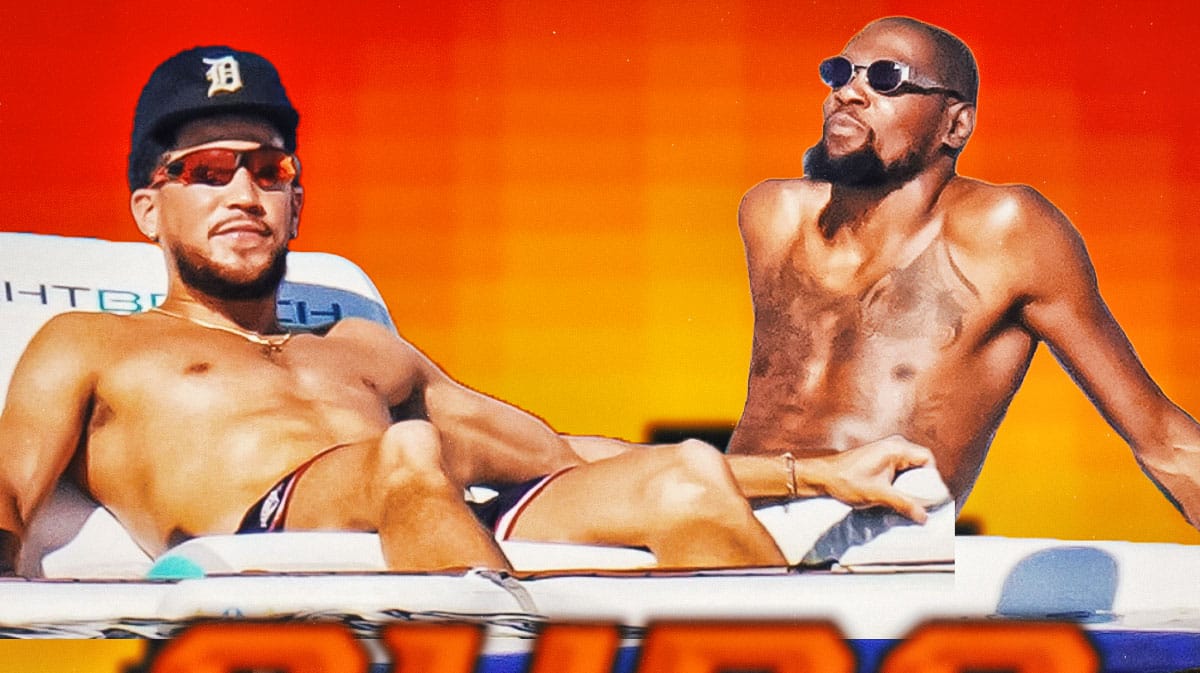 Kevin Durant and Devin Booker having fun in a pool featuring a Suns background.