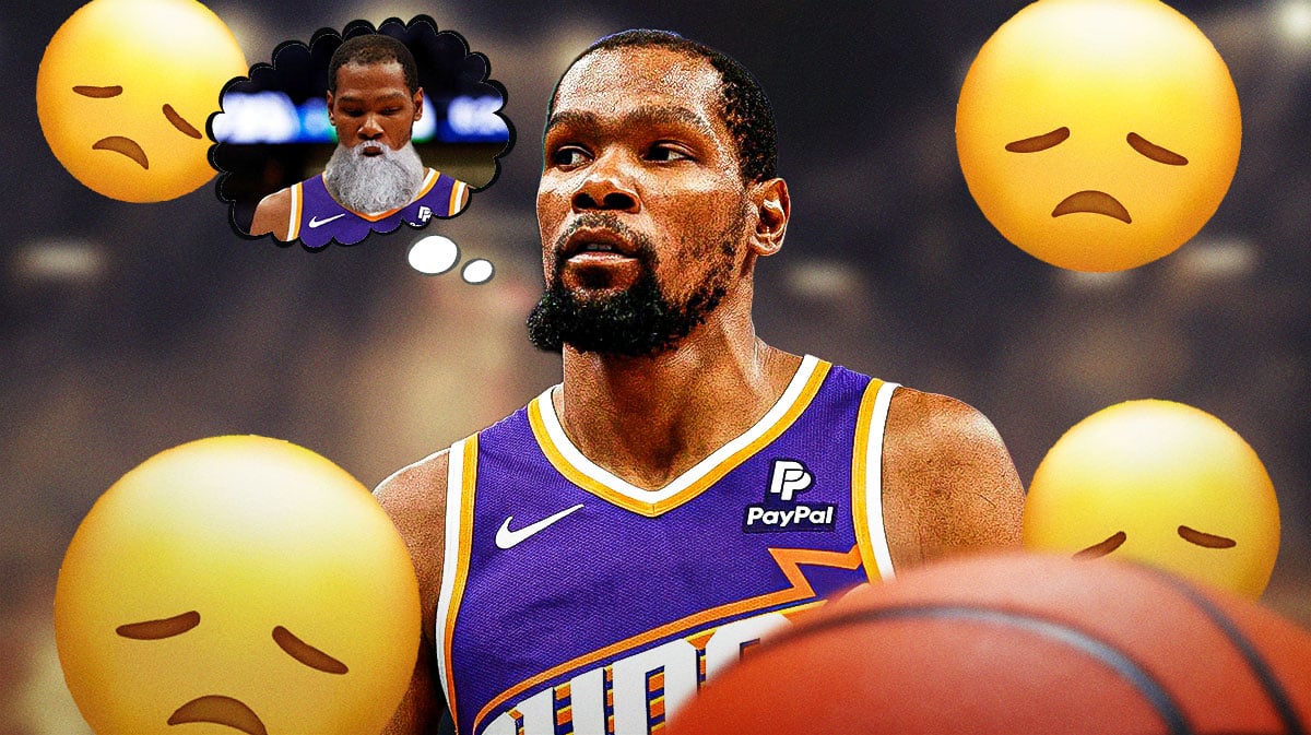 Suns' Kevin Durant looking sad, with sad emojis all over him and a thought bubble containing pic of him as a 60-year old man