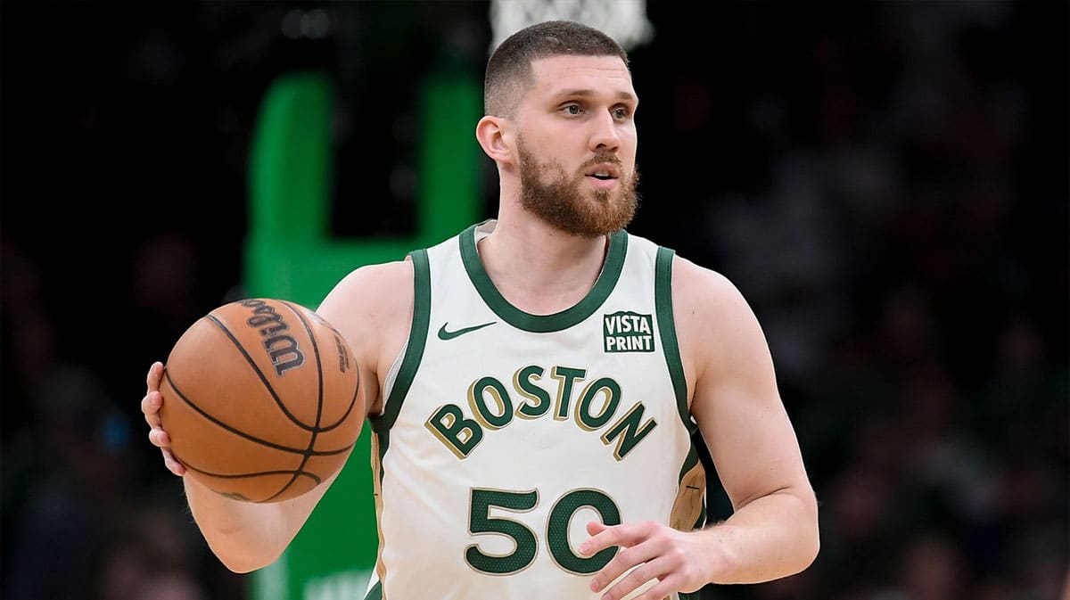 Boston Celtics guard Svi Mykhailiuk (50) moves the ball against the Portland Trail Blazers during the second half at TD Garden. 