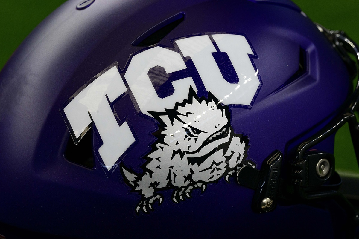 A view of the TCU Horned Frogs helmet logo during the Big 12 Media Day at AT&T Stadium.