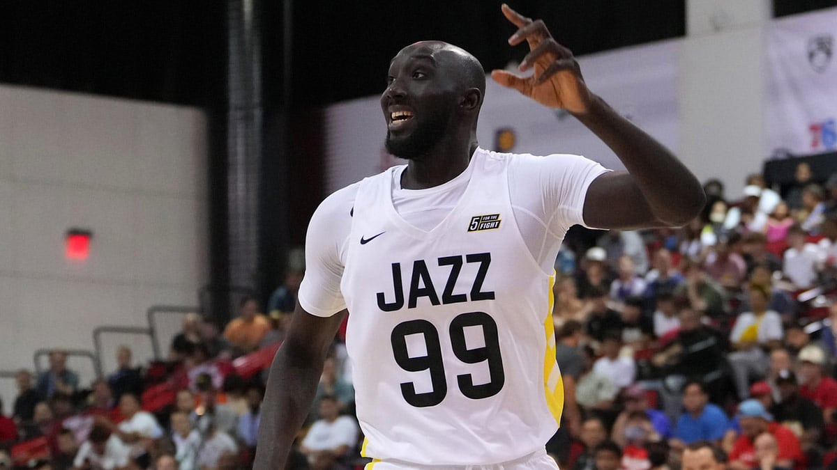 Utah Jazz guard Tacko Fall (99) calls for a pass during an NBA Summer League game against the Dallas Mavericks at Cox Pavilion.