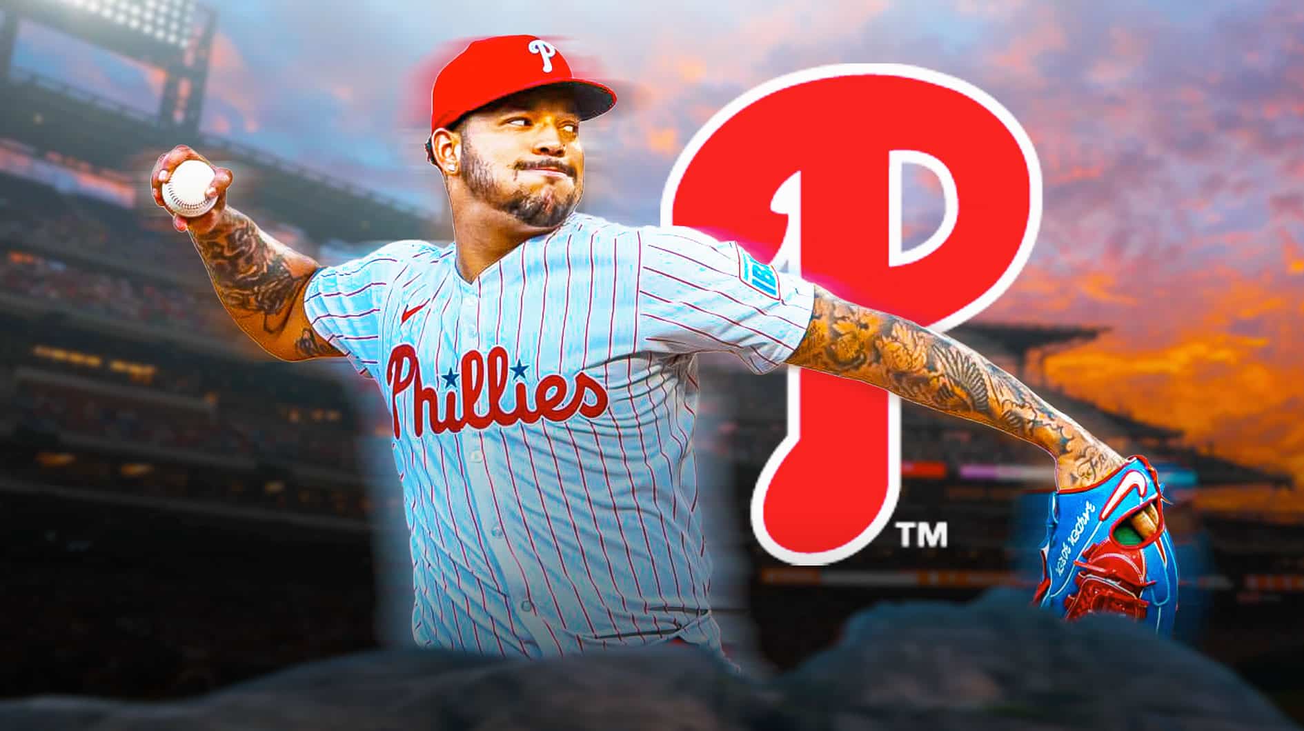 Taijuan Walker pitching in a Philadelphia Phillies uniform with a Phillies logo in the background as the pitcher wants the team to play better baseball and turn things around after losing streak since all-star break.