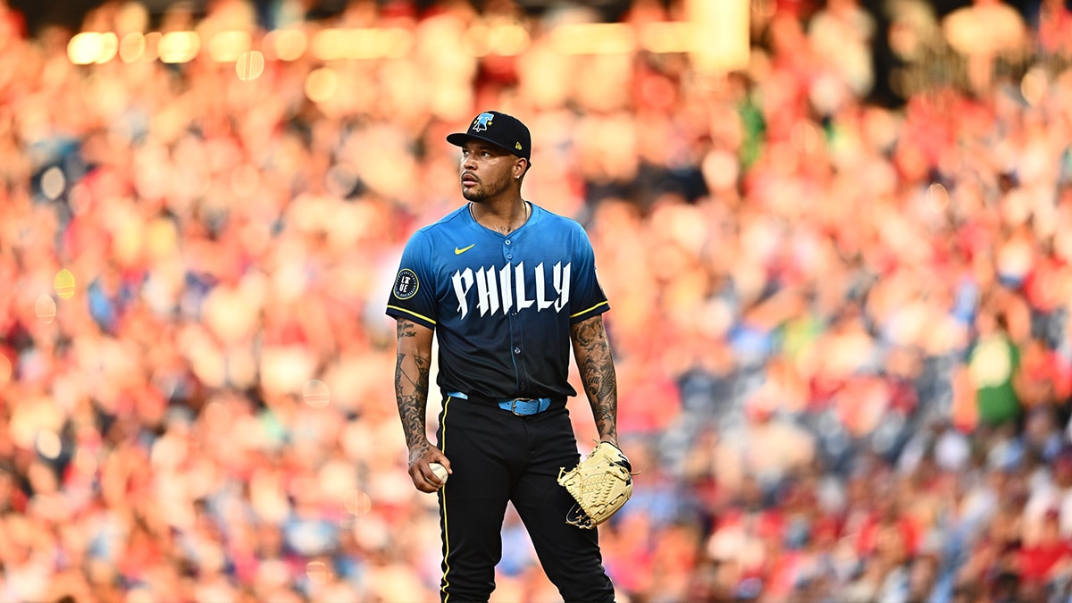 Jun 21, 2024; Philadelphia, Pennsylvania, USA; Philadelphia Phillies starting pitcher Taijuan Walker (99) looks on after allowing three runs against the Arizona Diamondbacks in the third inning at Citizens Bank Park. 