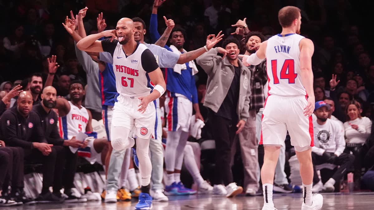 Apr 6, 2024; Brooklyn, New York, USA; Detroit Pistons forward Taj Gibson (67) reacts to making a three-point basket against the Brooklyn Nets during the second half at Barclays Center.