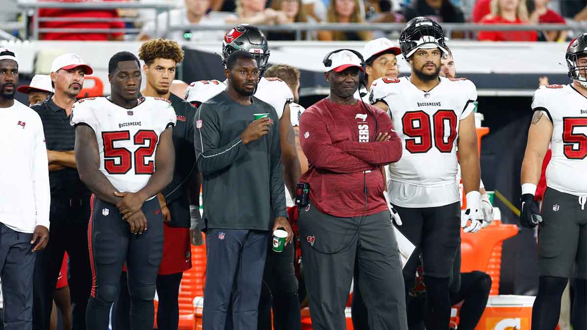 Tampa Bay Buccaneers head coach Todd Bowles (white hat) looks on during the second quarter against the Jacksonville Jaguars at EverBank Stadium. 