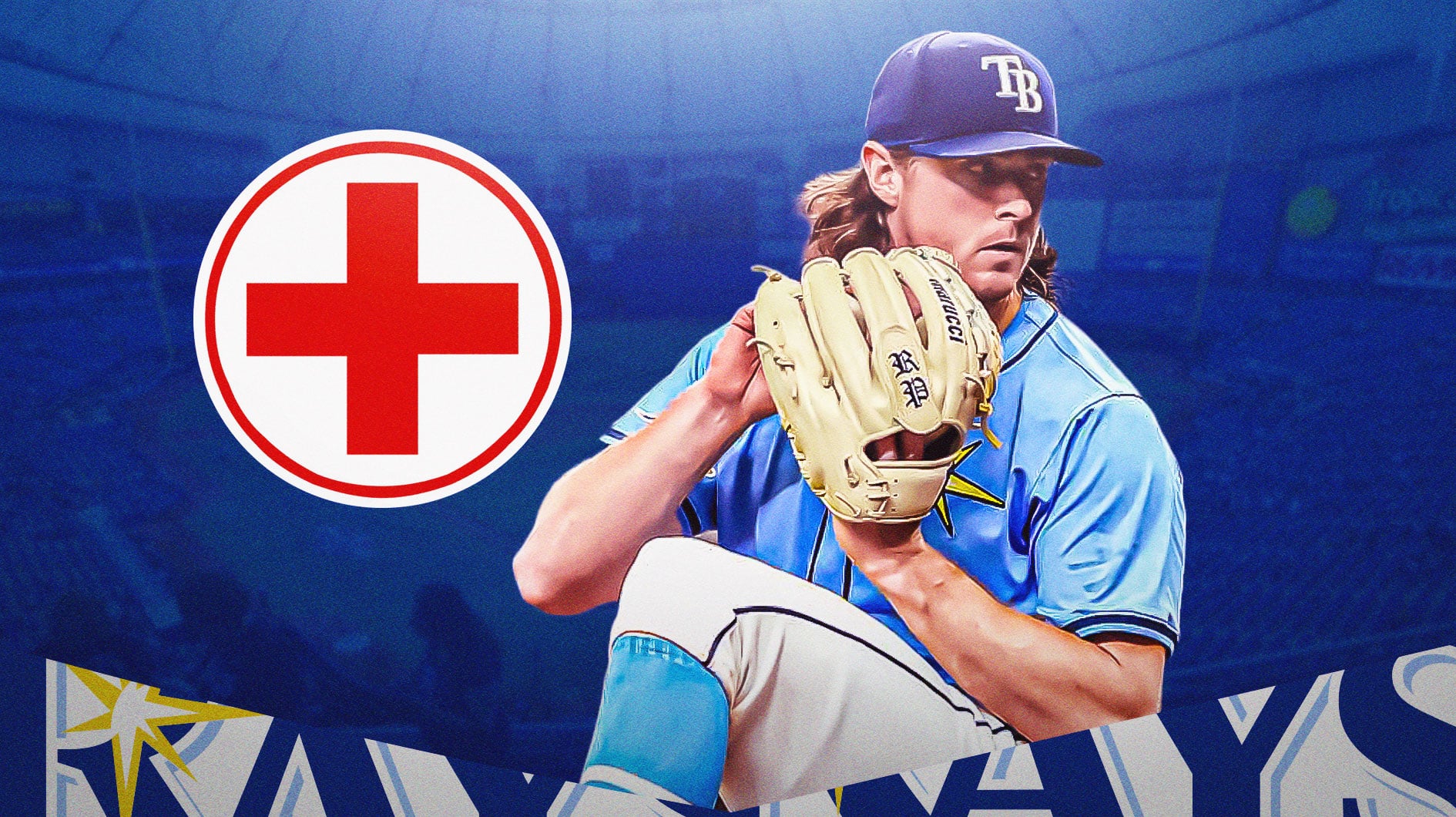 Ryan Pepiot pitching in a Tampa Bay Rays uniform with a red and white first aid symbol. Pepiot will rejoin the team after a knee injury sidelined him since mid July.