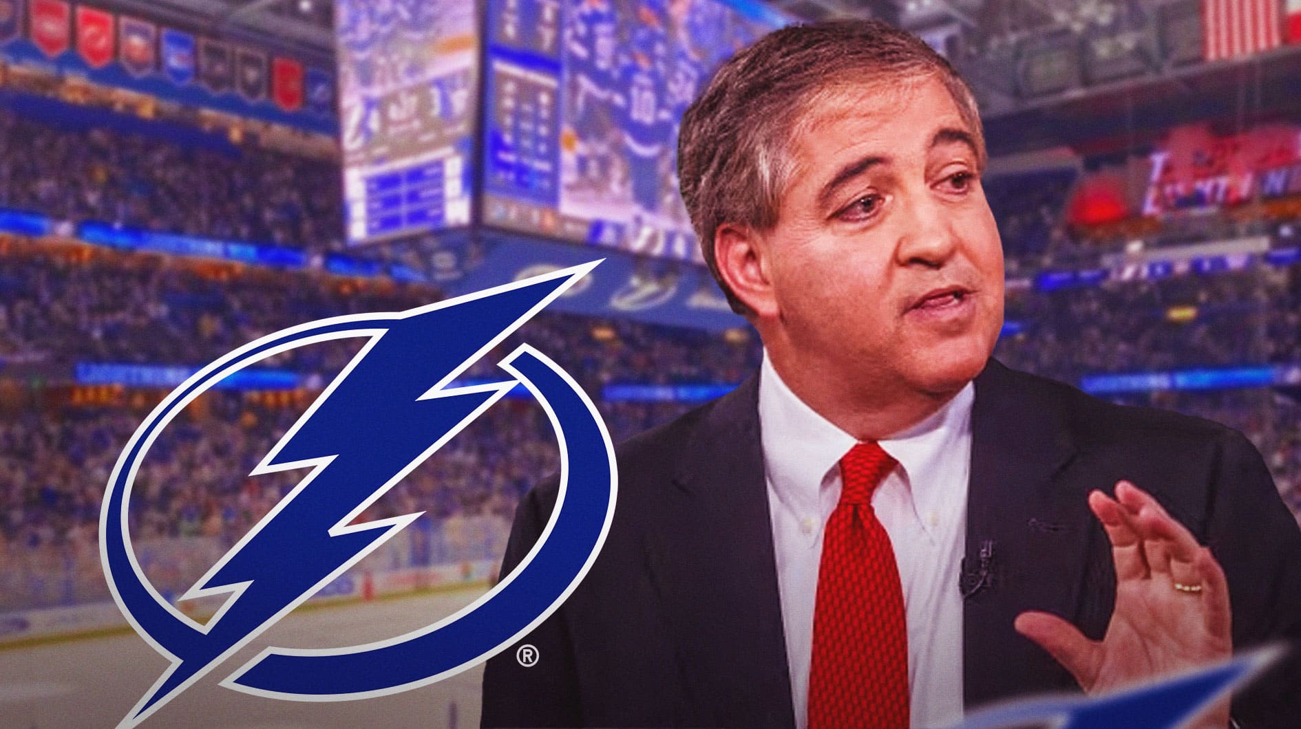 Tampa Bay Lightning logo on left side, Tampa Bay Lightning owner Jeff Vinik on right side, Amalie Arena (home stadium of the Tampa Bay Lightning) in background