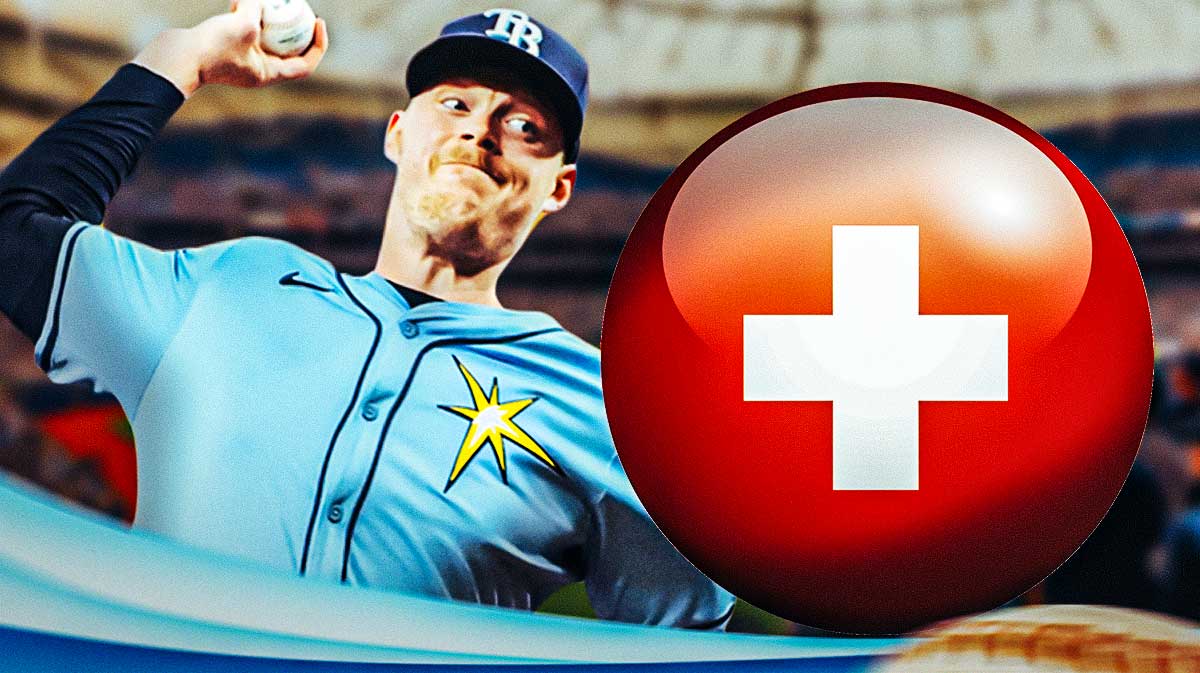 Pete Fairbanks pitching in a Tampa Bay Rays uniform with a red and white first aid symbol as Fairbanks has another injury and the Rays moved him to the injured list as Rays injuries pile up.