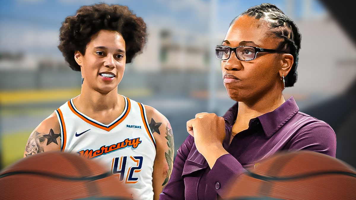 Brittney Griner in a Mercury jersey and Tanisha Wright in Dream coaching gear.