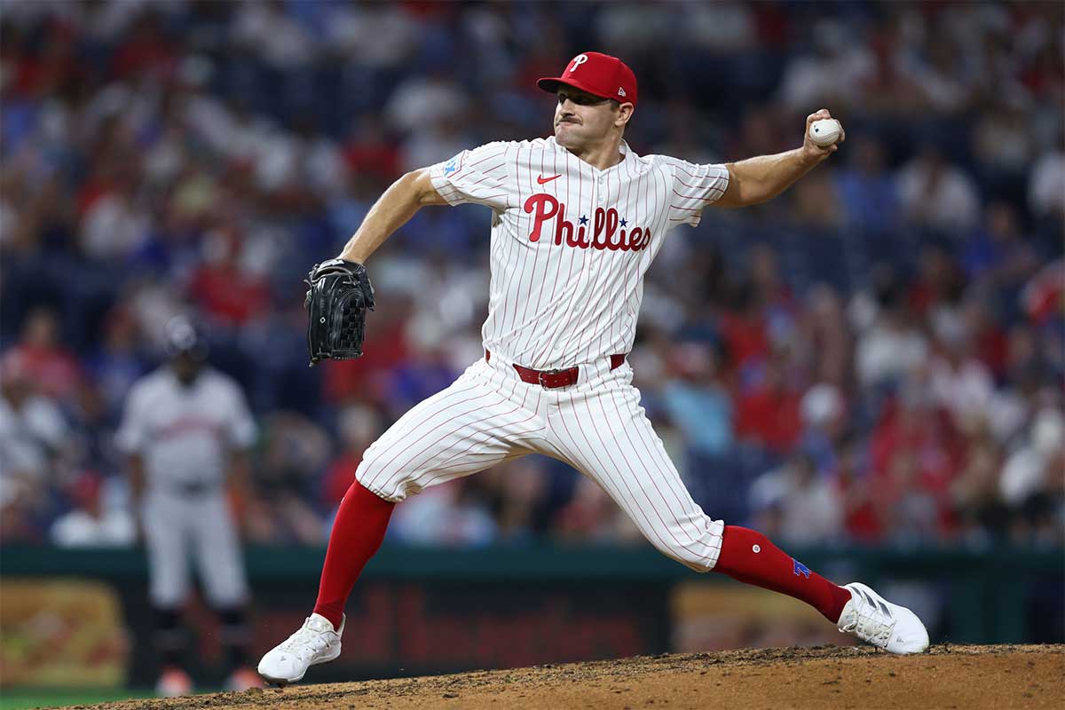 Philadelphia Phillies pitcher Tanner Banks (58) throws a pitch against the Houston Astros during the ninth inning at Citizens Bank Park