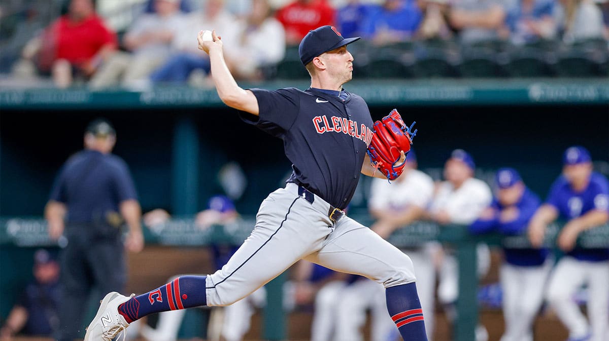 May 13, 2024; Arlington, Texas, USA; Cleveland Guardians pitcher Tanner Bibee (28) throws during the third inning against the Texas Rangers at Globe Life Field. 