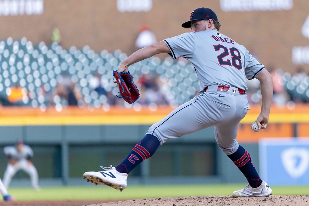 Cleveland Guardians starting pitcher Tanner Bibee (28) delivers in the first inning against the Detroit Tigers at Comerica Park.