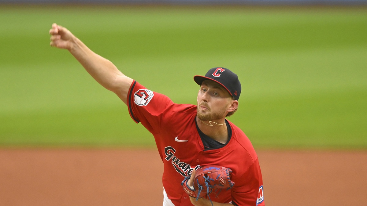 Jul 24, 2024; Cleveland, Ohio, USA; Cleveland Guardians starting pitcher Tanner Bibee (28) delivers a pitch in the first inning against the Detroit Tigers at Progressive Field. 