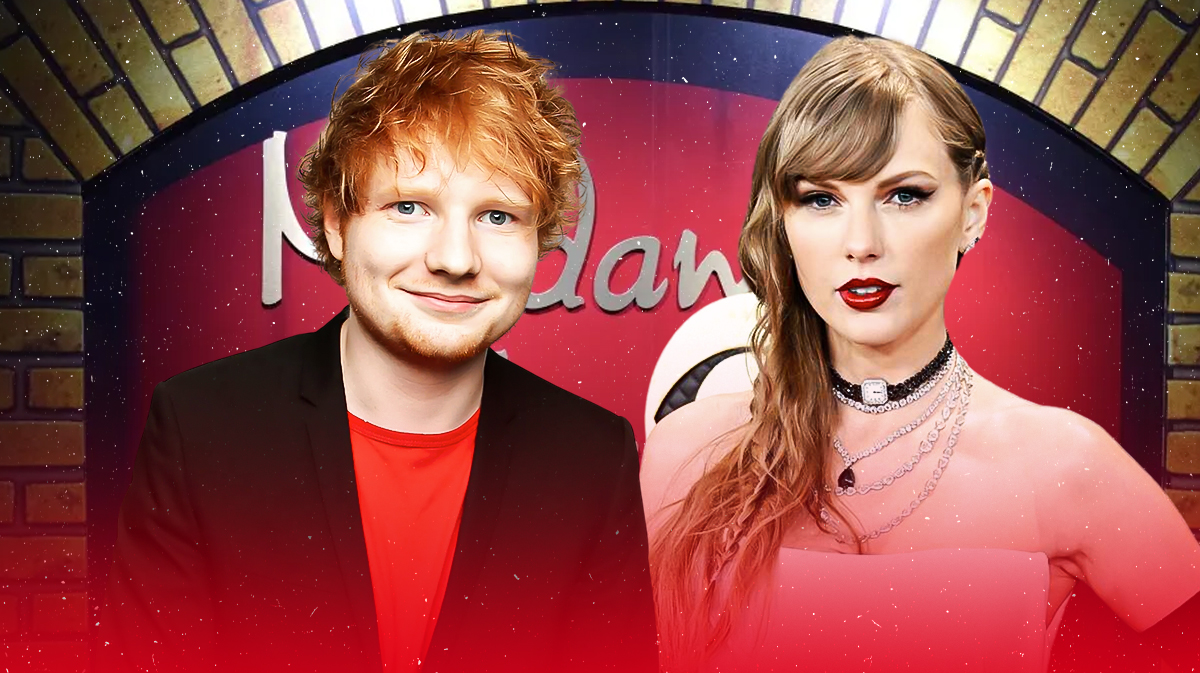 Taylor Swift and Ed Sheeran with Madame Tussauds wax figure museum background.