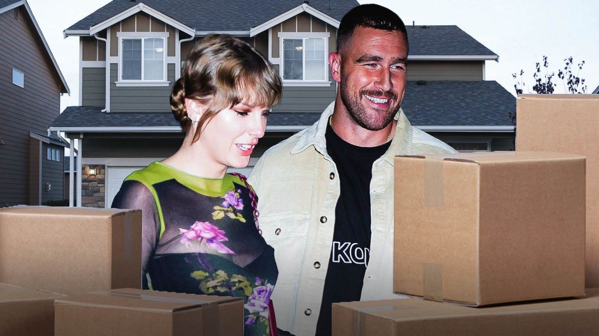 Taylor Swift and Travis Kelce with moving boxes and a home behind them