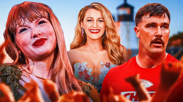 Taylor Swift and Kansas City Chiefs tight end Travis Kelce with Blake Lively, who had a birthday party in Rhode Island.
