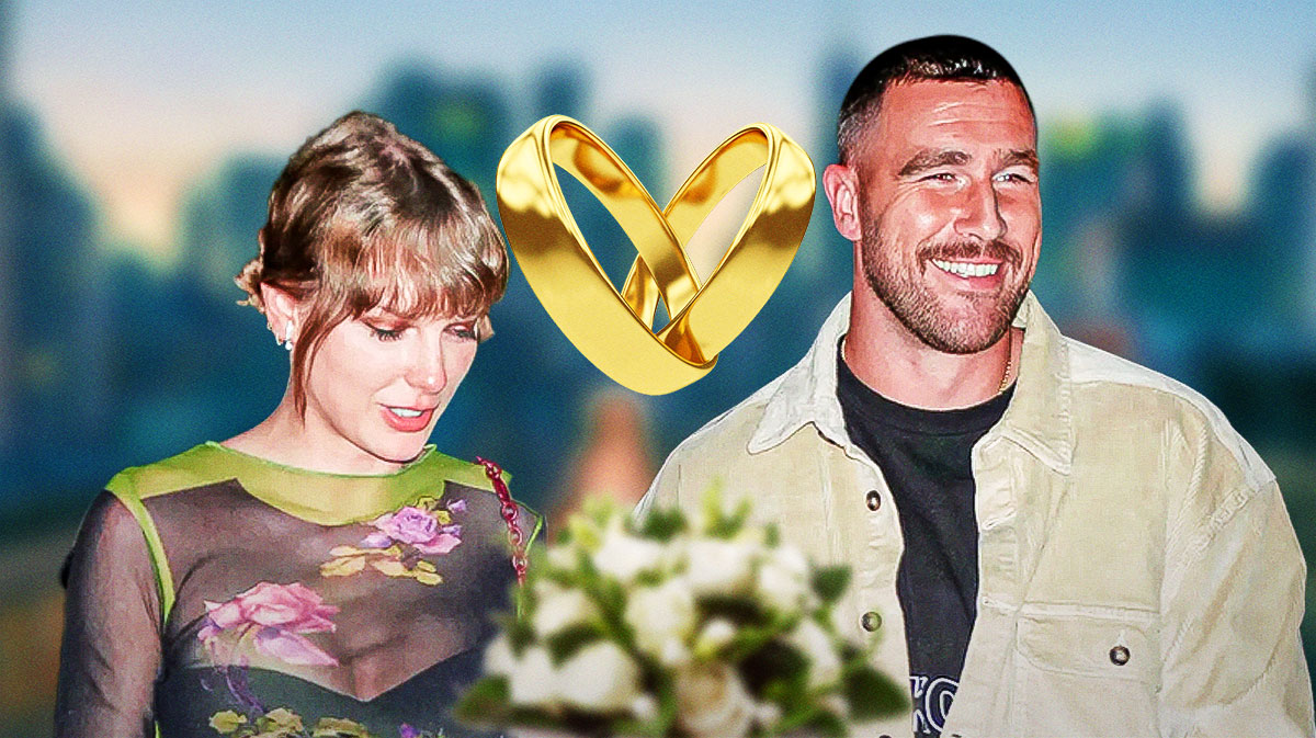 Taylor Swift and Travis Kelce with wedding or engagement rings.