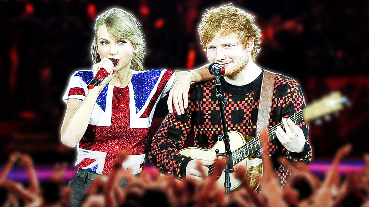 Taylor Swift and Ed Sheeran, who will perform together at London Eras Tour show, with Wembley Stadium background.