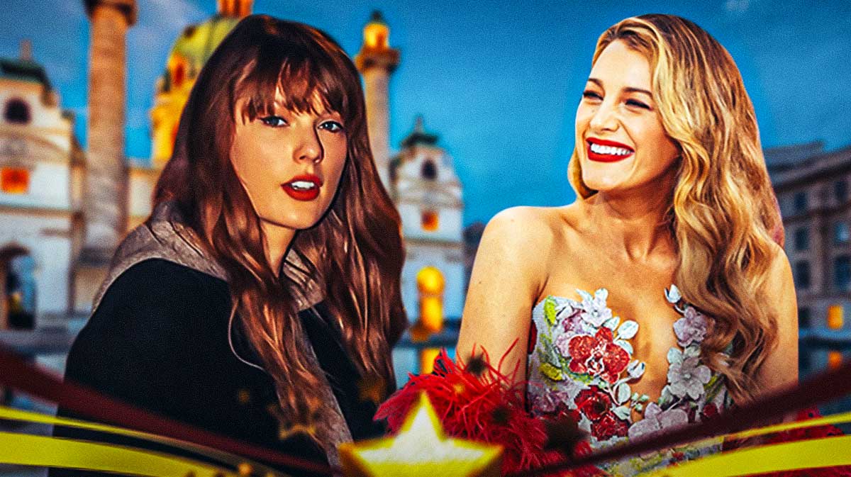 Taylor Swift, who is on the Eras Tour, with Blake Lively and Vienna background.