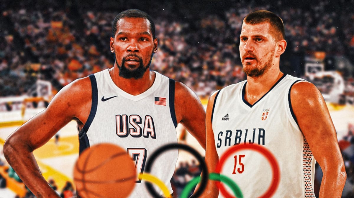 Team USA's Kevin Durant and Serbia's Nikola Jokic in front of the Olympic rings