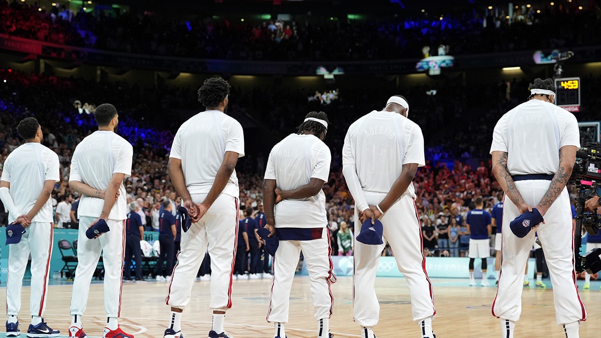 Team USA basketball national anthem before playing in the Olympics