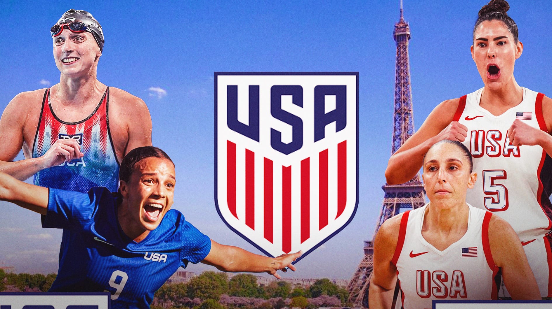 Team USA logo in center, Team USA swimmer Katie Ledecky in top left corner, Team USA soccer player Mallory Swanson in bottom left corner, Team USA basketball player Kelsey Plum on top right corner, Team USA basketball player Diana Taurasi on bottom right corner, Paris skyline with Eiffel Tower in background