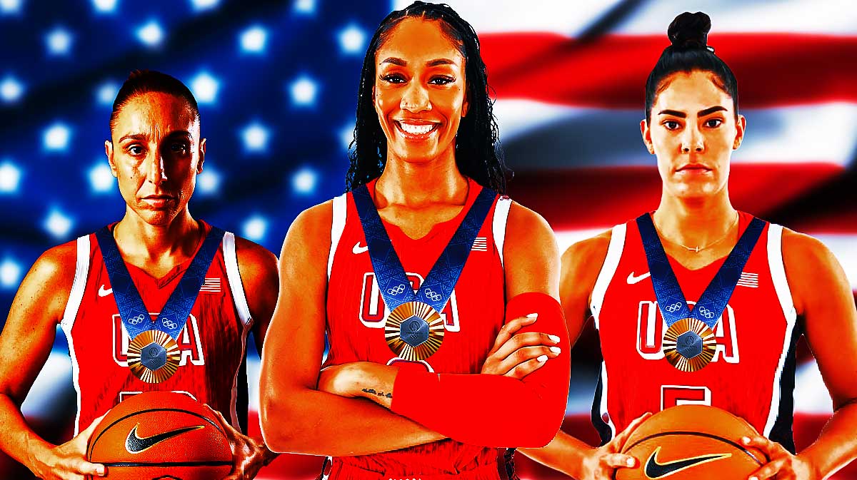 Main graphic - Team USA women's basketball players A'ja Wilson, Diana Taurasi, Kelsey Plum with gold medals, and the American flag behind them with the Olympic rings