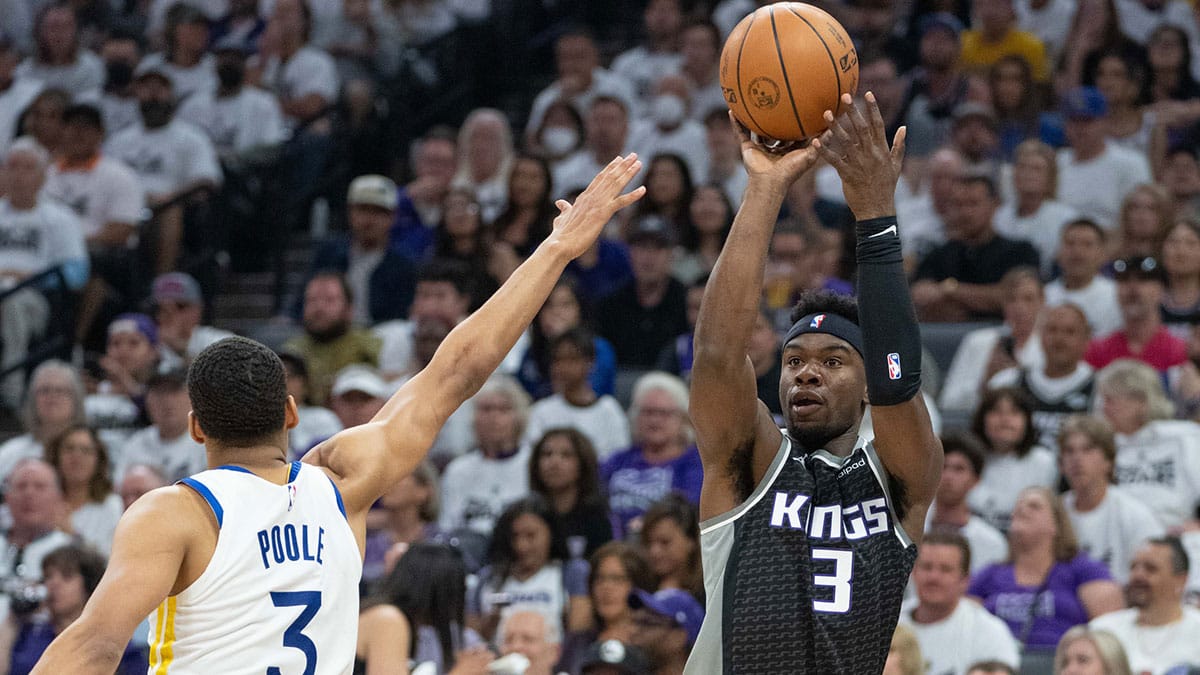 Sacramento Kings guard and former All Rookie member Terence Davis (3) shoots the basketball during the first quarter in game seven of the 2023 NBA playoffs first round against the Sacramento Kings at Golden 1 Center.