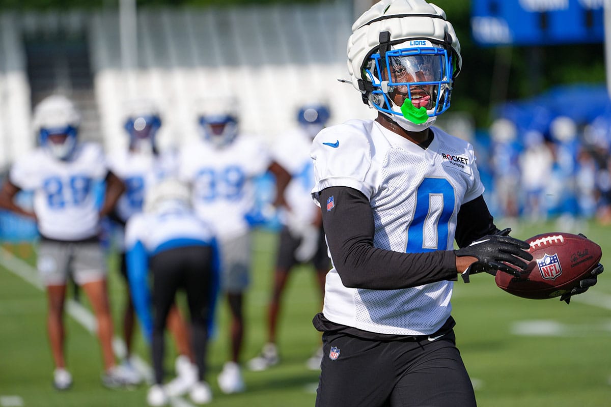 CB Terrion Arnold catches a ball during a drill on day two of the Detroit Lions training camp at the Detroit Lions Headquarters in Dearborn, Mich. on Thursday, July 25, 2024.